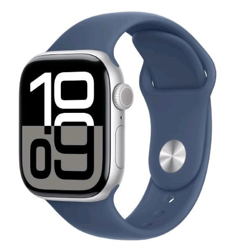 Apple Watch Series 10 (GPS) - 46 mm - alluminio argento - smartwatch con fascia sportiva - fluoroelastomero - denim - dimensione della fascia: M/L - 64 GB - Wi-Fi 4, UWB, Bluetooth - 36.4 g